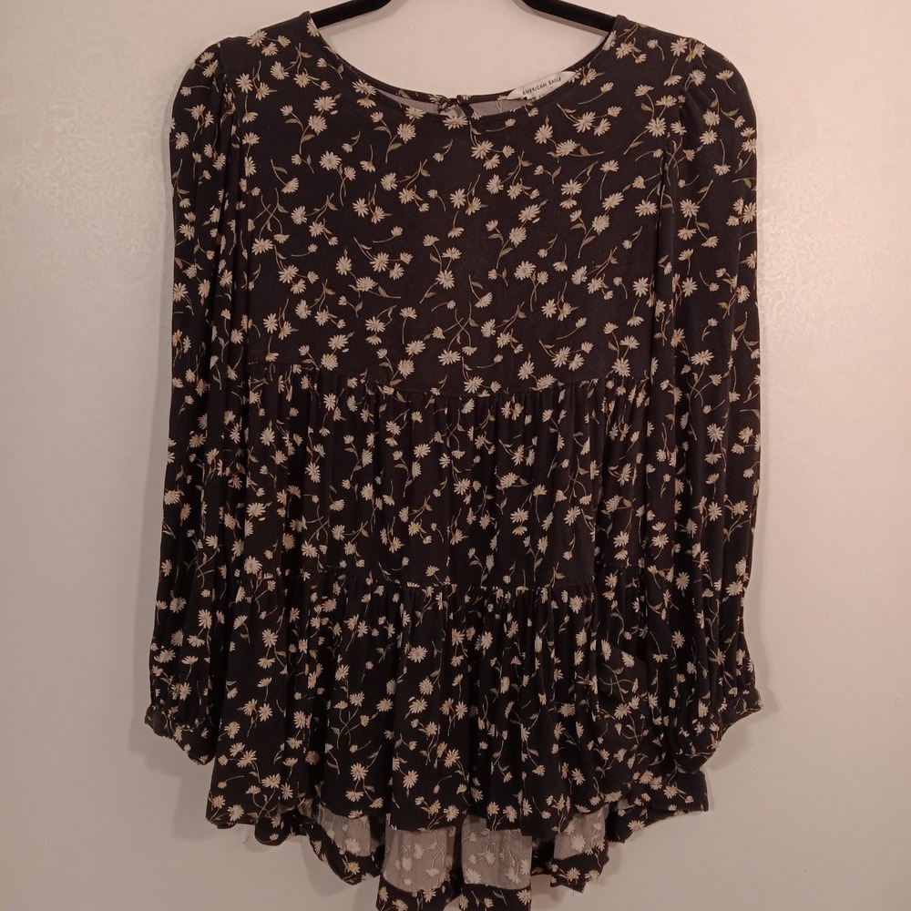 American Eagle Babydoll Tunic Top Floral Tiered Long Sleeve Black S